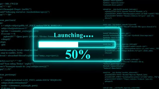 Glowing progress bar shows 100% percent of launching on a background of computer code programming. 4k animation. 4k vedio