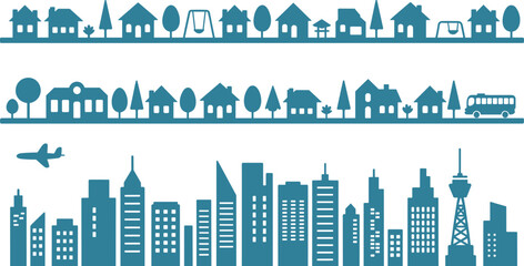 City skyline and suburban neighborhood houses silhouette borders with trees bus and airplane vector illustration on white background © Binoba