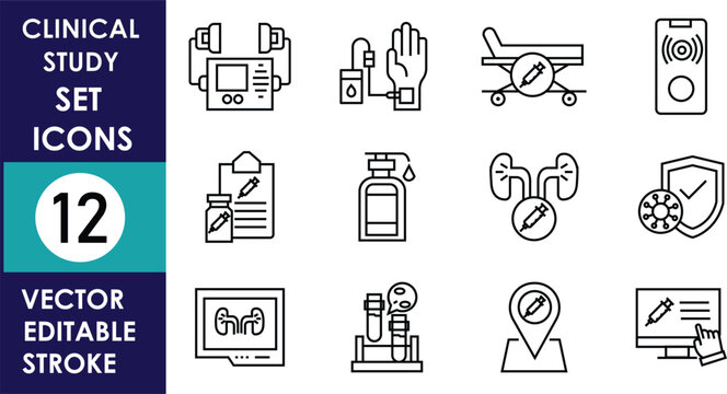 Clinical study set featuring twelve editable outline icons representing medical research, patient monitoring, laboratory analysis, aviation transport, security, mapping, documentation, healthcare.