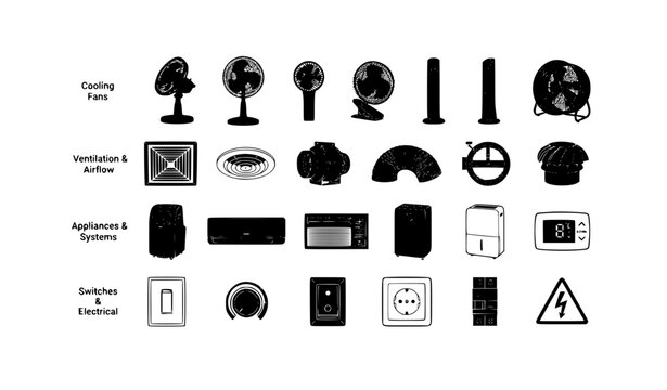 Cooling fan icon bundle black and white vector