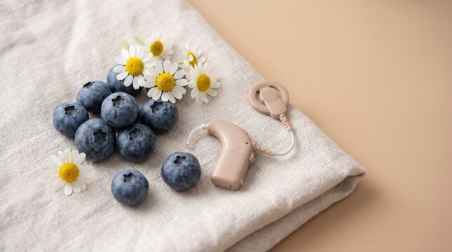 Cochlear Implant Device Alongside Blueberries and Flowers