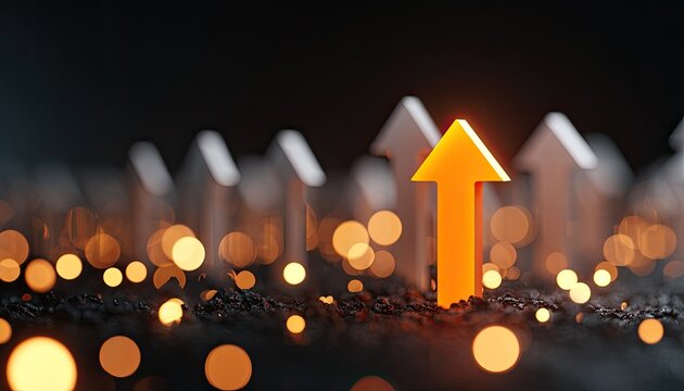 Bright orange arrow stands out from gray ones against bokeh lights background