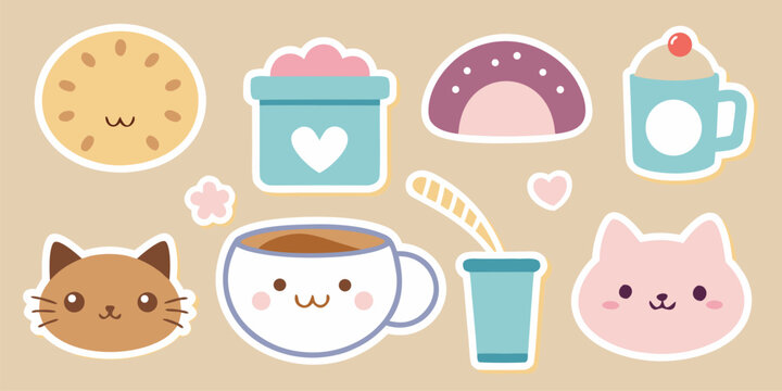 Cute kawaii sticker set with coffee drinks and animal faces