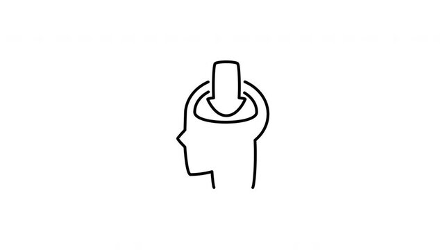 Minimalist outline animation of human head profile with arrow download knowledge icon drawing on and fading out. Features a clean pop up style in 3 color setups.