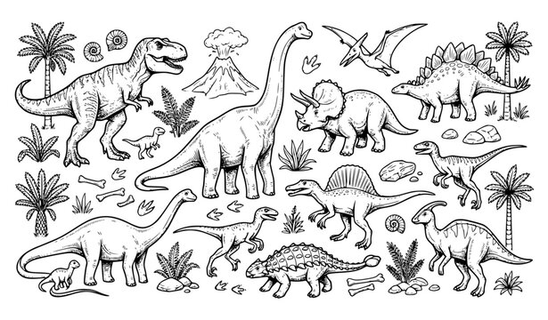 Hand Drawn Dinosaur Collection Vector Coloring Book EPS10