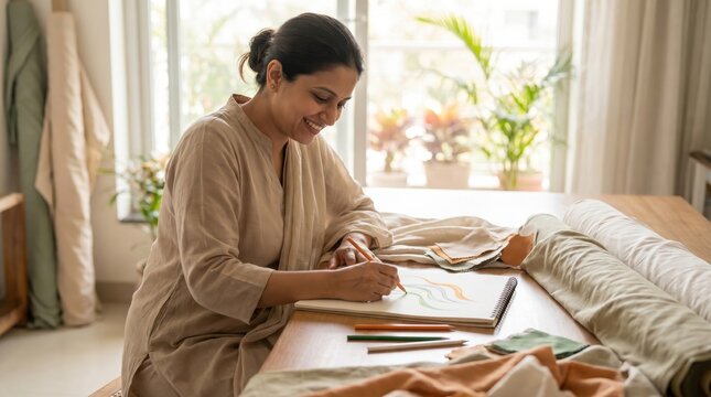 Joyful Indian Woman Sketching Designs for India's Independence Day Celebration