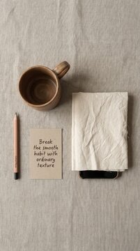 Minimalist Flat Lay of Coffee Cup, Pencil, and Smartphone Inspiring a Digital Detox