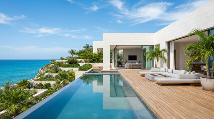 Fototapeta premium Luxury modern cliffside villa with infinity swimming pool overlooking the ocean.