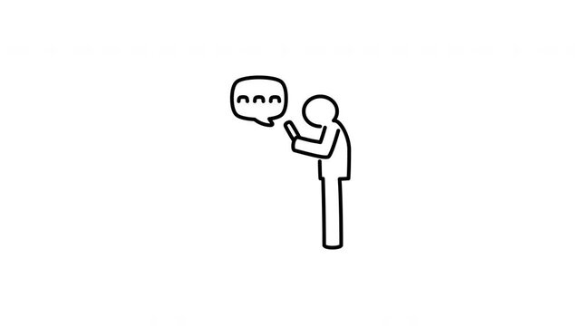 Minimalist outline animation of businessman holding smartphone speech bubble icon drawing on and fading out. Features a clean pop up style in 3 color setups.