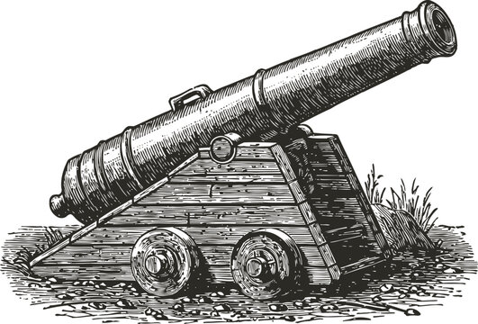 Vintage naval cannon engraving old artillery weapon mounted on wooden wheeled carriage