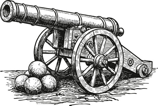 Antique cannon with wooden wheels and stacked cannonballs vintage engraving illustration