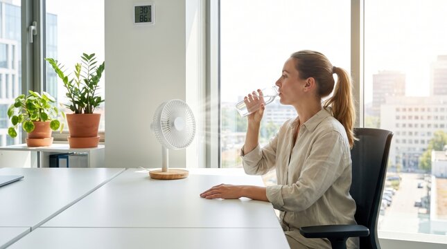 Woman drinks water by desk fan during heatwave safety