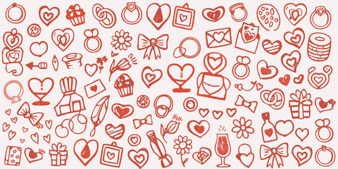Naklejka premium Romantic Doodles And Love Symbols Red Line Art Illustration