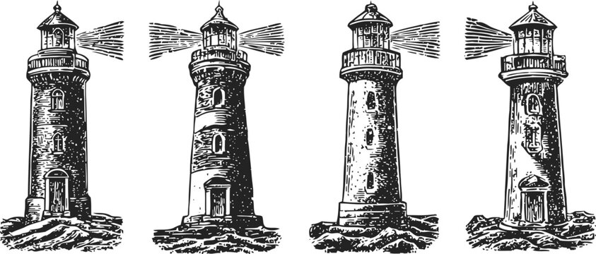 Set of vintage lighthouse illustrations with light beams on rocky bases