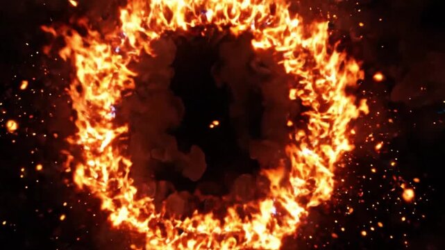 Fiery ring of flames with sparks and smoke on black background