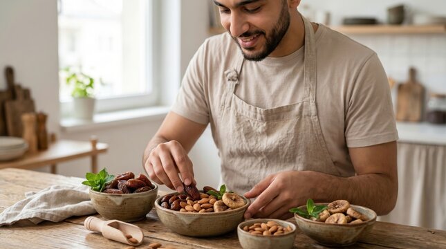 Young Arab Man Preparing Dates and Nuts for International Self Care Day