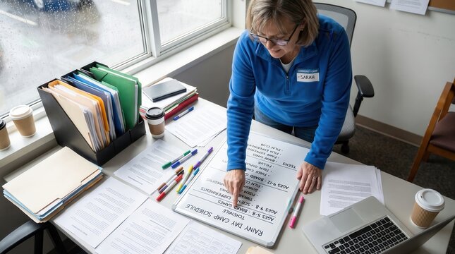 Woman Planning Summer Childcare Camps Activity Schedules