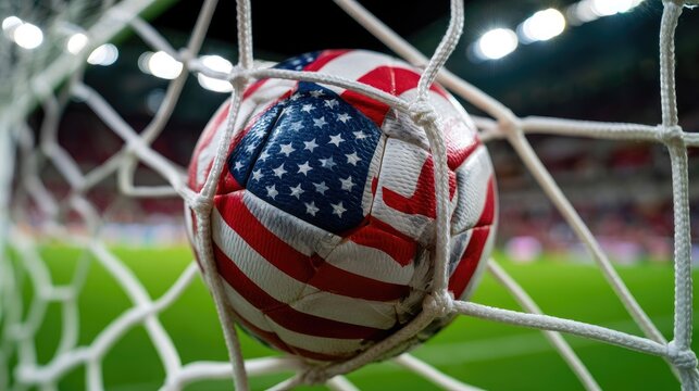 Soccer ball with American flag pattern caught in net, stadium lights in background
