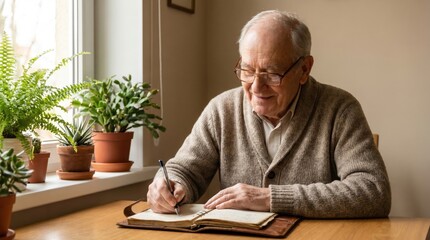 Fototapeta premium Elderly Man Journaling Indoors for Senior Citizen Day