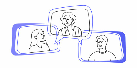 Three People In Speech Bubbles Line Illustration © Bijon