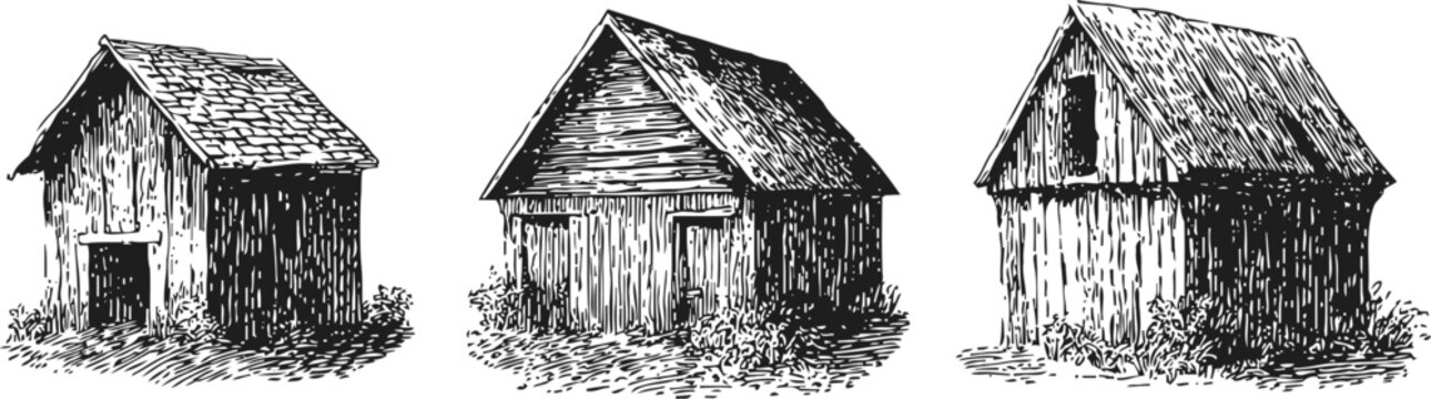 hand drawn vintage wooden barn sketches rustic farm building set vector illustration