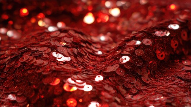 Close-up view of shimmering red sequins with soft bokeh highlights