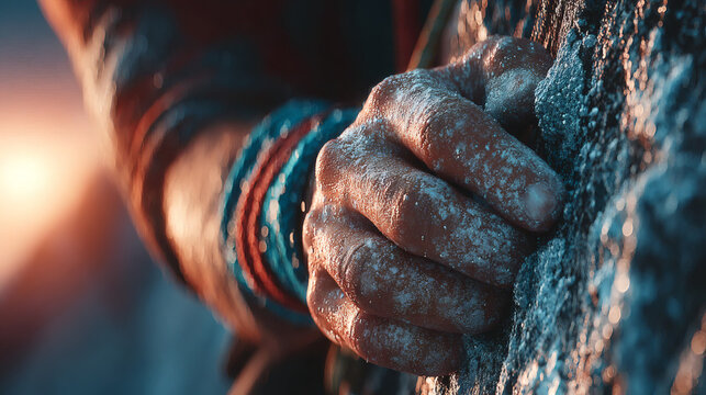 climber hand covered in chalk gripping a rough rock wall at sunset