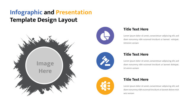 Modern infographic presentation template features a striking image placeholder and three icon based data points