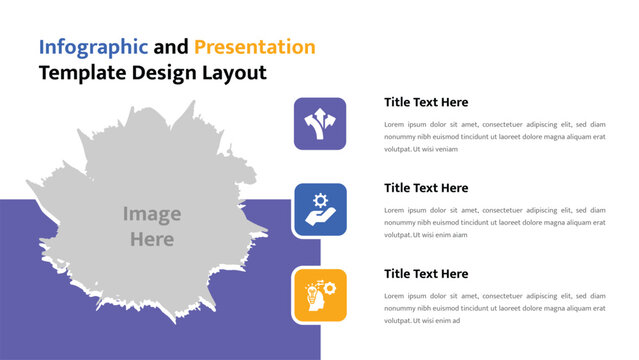 Modern infographic presentation template with three feature sections and a large image placeholder
