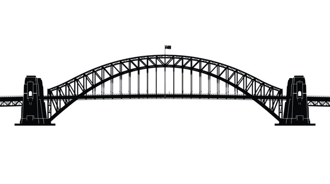 Detailed black silhouette of the iconic Sydney Harbour Bridge featuring a small flying Australian flag