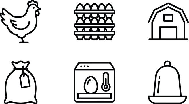 Poultry farming chicken icons with egg tray house feed sack

