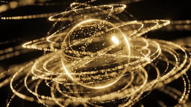 digital data sphere rotating with binary code particles representing artificial intelligence and quantum computing concepts for big data visualization
