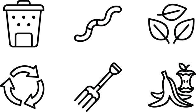 Composting organic waste icons with bin earthworm garden fork