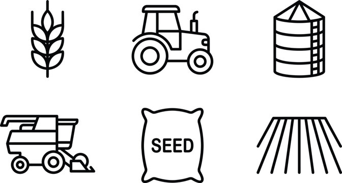 Wheat farming grain icons with tractor combine harvester seeds