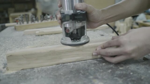A close-up view of a hands-on woodworking project, showcasing the use of a router on wood. The image captures the intricate details of crafting furniture or decorative pieces, emphasizing skill and pr