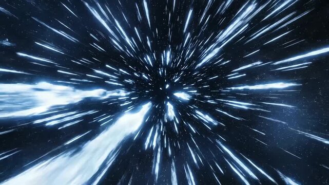 dynamic hyperspace jump effect illustrating cinematic light speed travel through dark outer space with bright star trails.