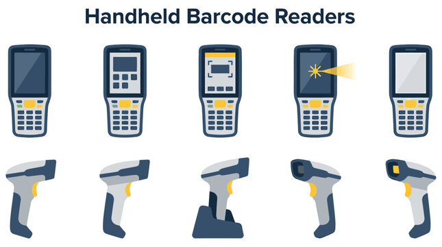 Flat vector illustration of various handheld barcode readers and mobile computer scanners on a white background