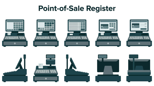 Flat vector set of electronic pointofsale cash registers with various screen interfaces and viewing angles