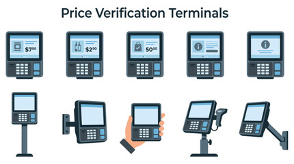 Price verification terminal illustrations showing wallmounted handheld and standbased retail kiosk designs © Faisal