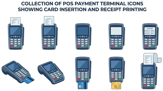 POS terminal icon set featuring card insertion receipt printing numeric keypads and various screen displays