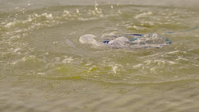 A fishing or cast net falling in ocean water in slow motion, thrown by a fisherman, indonesia, southeast asia