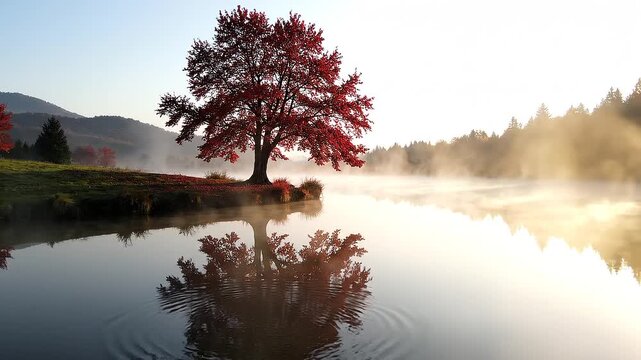 Serene red tree reflection on misty lake at golden hour