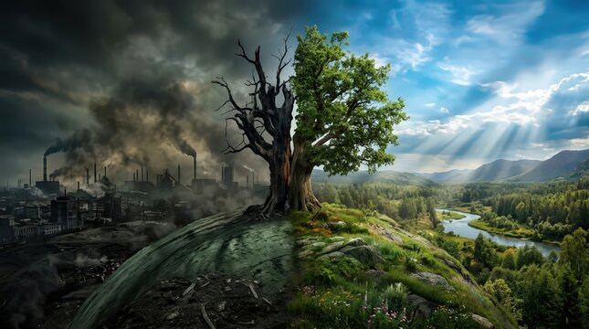 Split Tree Symbolizing Carbon Neutrality Industrial Pollution Versus Pristine Nature Landscape Concept