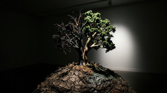 Split tree model dead living halves cracked earth representing carbon neutrality
