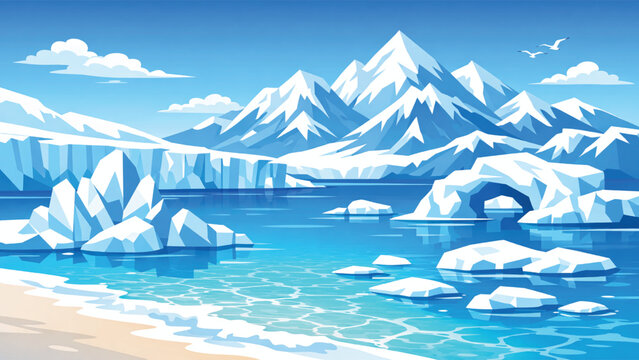 Arctic landscape with icebergs and glaciers in blue ocean landscape mountain.