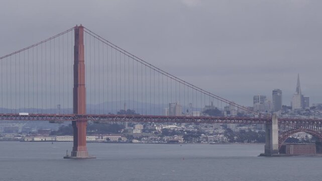 Golden Gate Bridge South Tower On Misty, Overcast Day In San Francisco