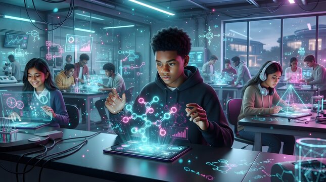 Diverse students interacting with futuristic holographic displays and molecular models in a high-tech science laboratory classroom setting