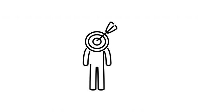 Minimalist outline animation of businessman with bullseye target arrow head icon drawing on and fading out. Features a clean pop up style in 3 color setups.