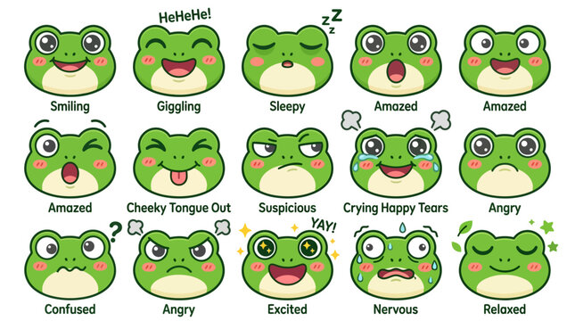 Cute frog emoji set with 15 cartoon character expressions, green toad emoticon collection for stickers, kawaii animal face icons with various moods
