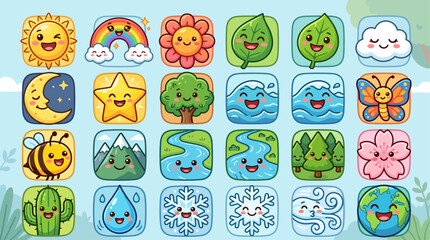 Fototapeta premium Kawaii nature icons set, 24 cute cartoon weather and environment symbols, colorful flat vector illustrations for kids app and education
